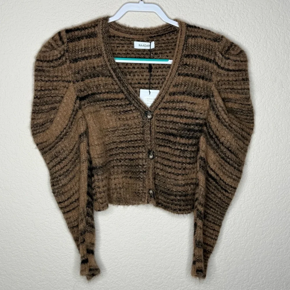 NAADAM Brown and Black Striped Mohair Blend V-Neck Cardigan - Picture 3 of 5
